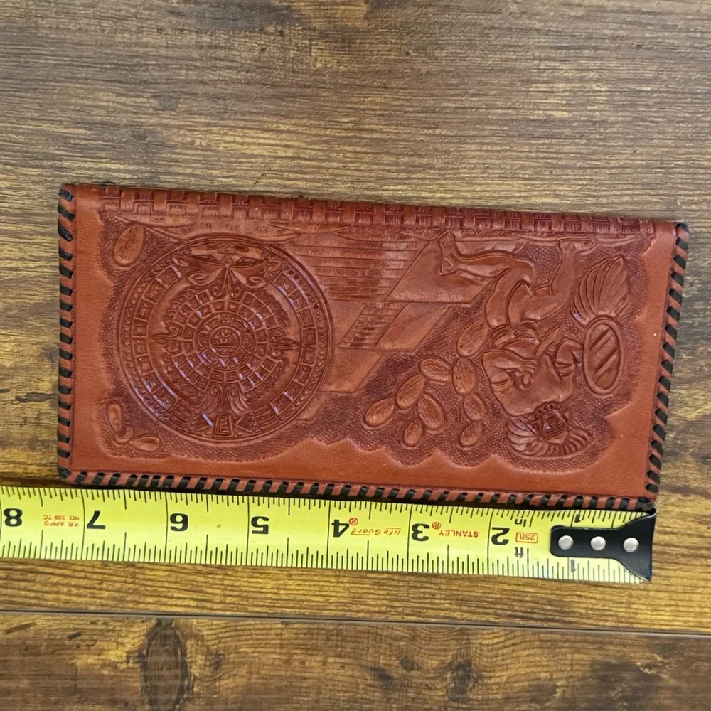 Hand Tooled‎ Brown Leather Aztec Calendar Long Wallet